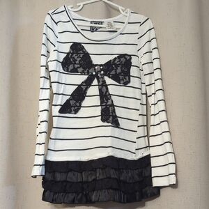 Kids Long Sleeve Striped Top with Black Lace Bow